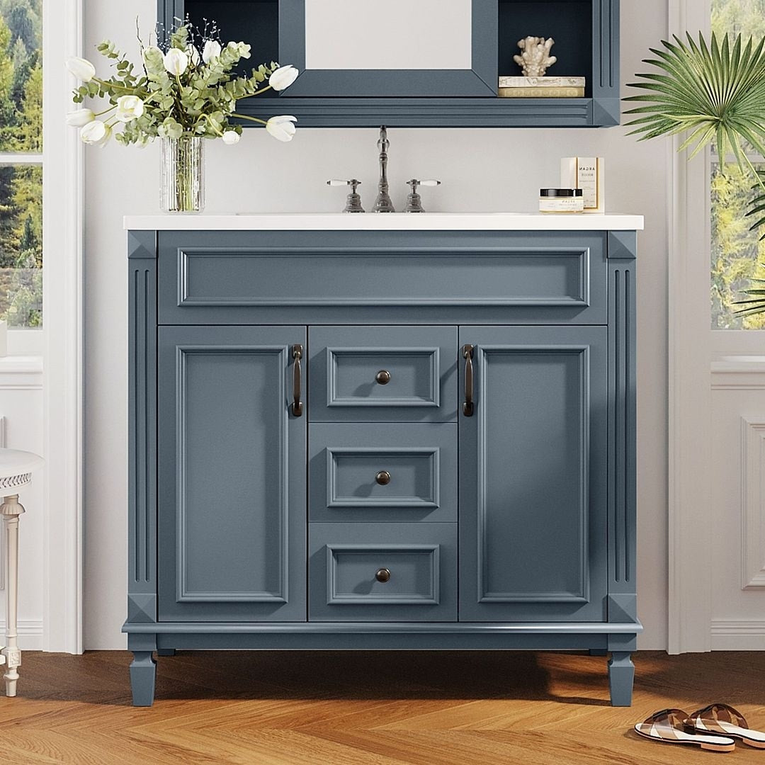 Meuble-lavabo moderne de 91 cm (36 pouces) pour salle de bain avec lavabo intégré et armoire à miroir, 2 portes et 2 tiroirs.