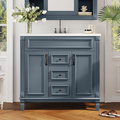 Meuble-lavabo moderne de 91 cm (36 pouces) pour salle de bain avec lavabo intégré et armoire à miroir, 2 portes et 2 tiroirs.
