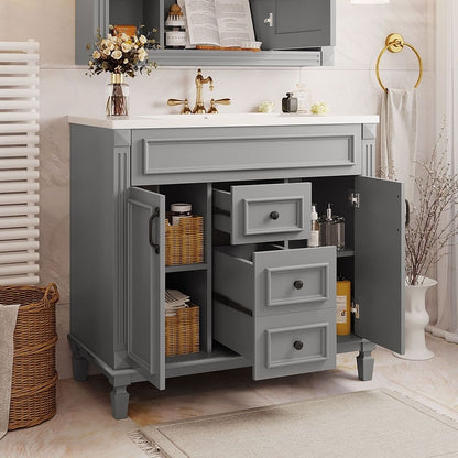 Meuble-lavabo moderne de 91 cm (36 pouces) pour salle de bain avec lavabo intégré et armoire à miroir, 2 portes et 2 tiroirs.