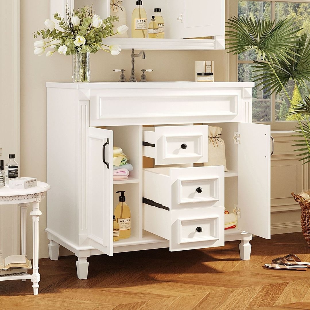 Meuble-lavabo moderne de 91 cm (36 pouces) pour salle de bain avec lavabo intégré et armoire à miroir, 2 portes et 2 tiroirs.