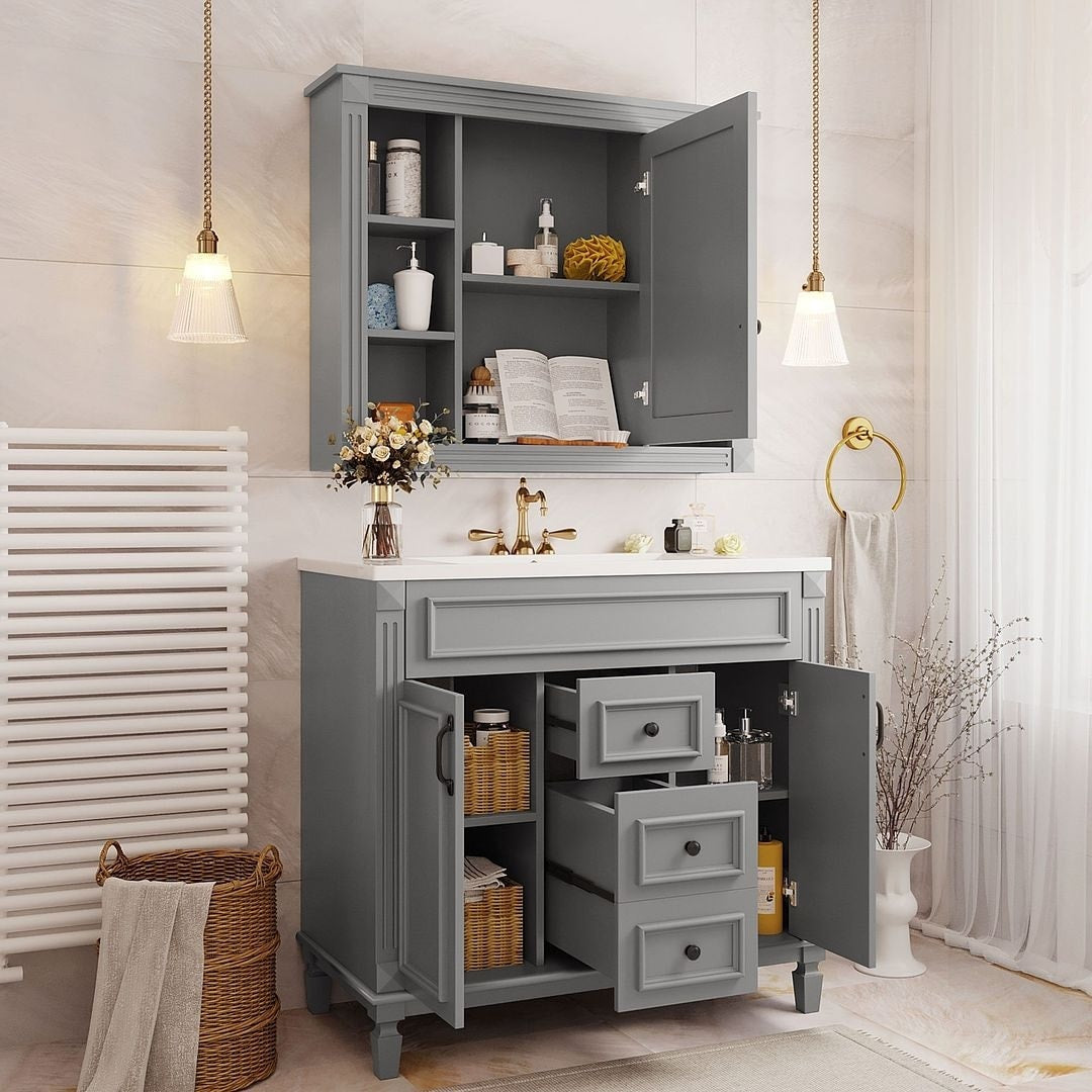 Meuble-lavabo moderne de 91 cm (36 pouces) pour salle de bain avec lavabo intégré et armoire à miroir, 2 portes et 2 tiroirs.