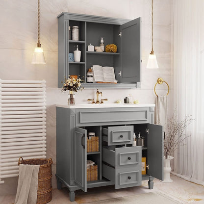 Meuble-lavabo moderne de 91 cm (36 pouces) pour salle de bain avec lavabo intégré et armoire à miroir, 2 portes et 2 tiroirs.