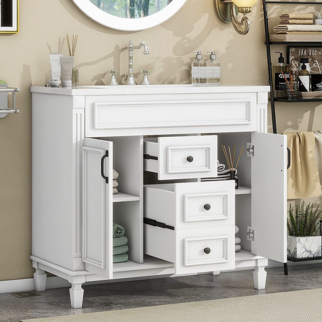 Meuble-lavabo moderne de 91 cm (36 pouces) pour salle de bain avec lavabo intégré et armoire à miroir, 2 portes et 2 tiroirs.