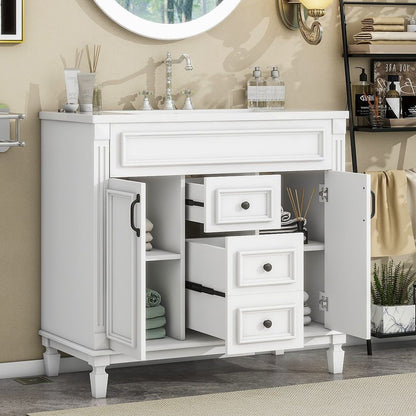 Meuble-lavabo moderne de 91 cm (36 pouces) pour salle de bain avec lavabo intégré et armoire à miroir, 2 portes et 2 tiroirs.