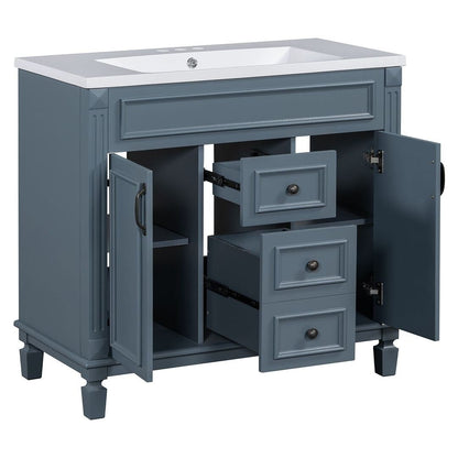 Meuble-lavabo moderne de 91 cm (36 pouces) pour salle de bain avec lavabo intégré et armoire à miroir, 2 portes et 2 tiroirs.