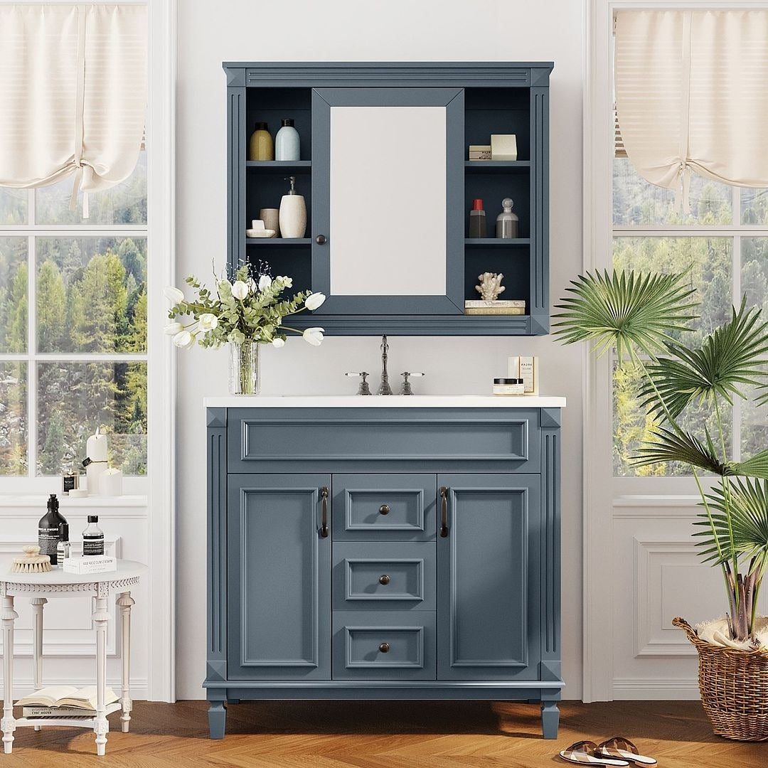 Meuble-lavabo moderne de 91 cm (36 pouces) pour salle de bain avec lavabo intégré et armoire à miroir, 2 portes et 2 tiroirs.