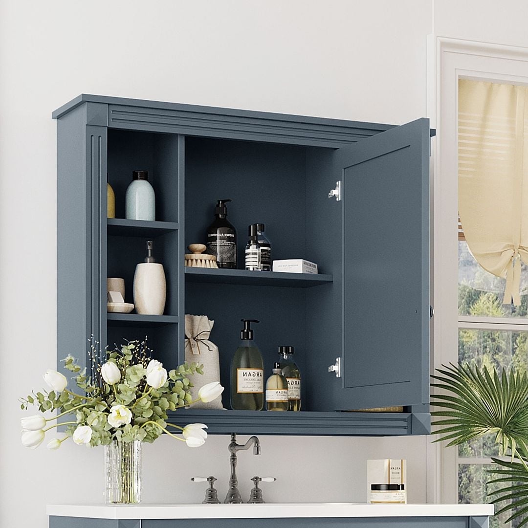 Meuble-lavabo moderne de 91 cm (36 pouces) pour salle de bain avec lavabo intégré et armoire à miroir, 2 portes et 2 tiroirs.