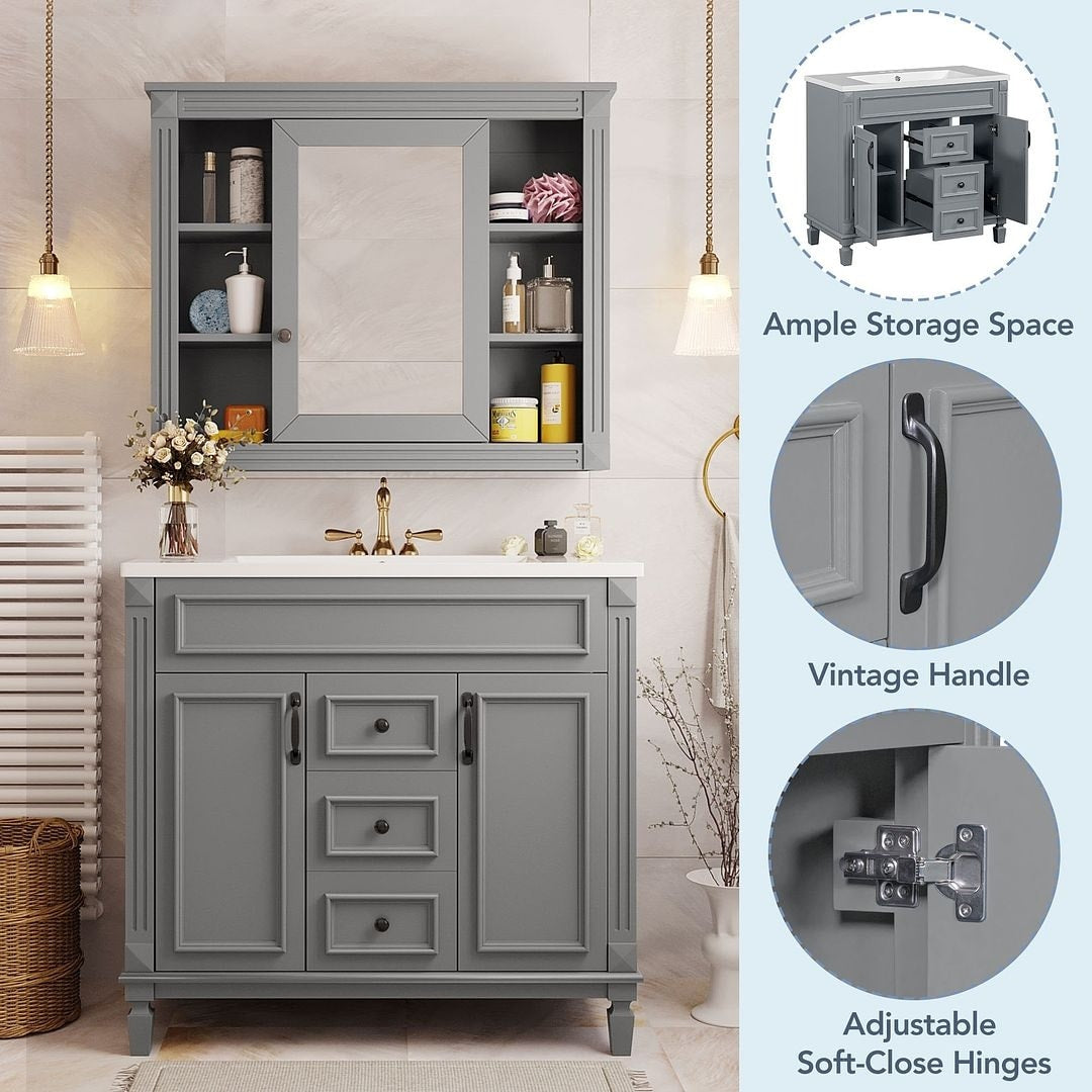 Meuble-lavabo moderne de 91 cm (36 pouces) pour salle de bain avec lavabo intégré et armoire à miroir, 2 portes et 2 tiroirs.