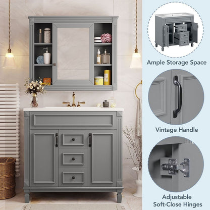 Meuble-lavabo moderne de 91 cm (36 pouces) pour salle de bain avec lavabo intégré et armoire à miroir, 2 portes et 2 tiroirs.