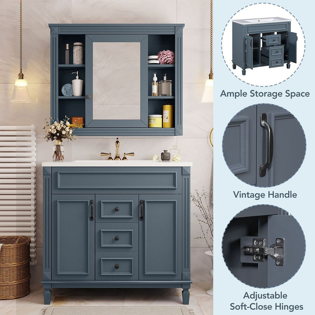 Meuble-lavabo moderne de 91 cm (36 pouces) pour salle de bain avec lavabo intégré et armoire à miroir, 2 portes et 2 tiroirs.