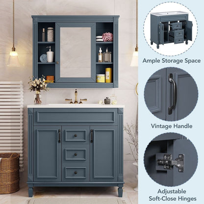 Meuble-lavabo moderne de 91 cm (36 pouces) pour salle de bain avec lavabo intégré et armoire à miroir, 2 portes et 2 tiroirs.