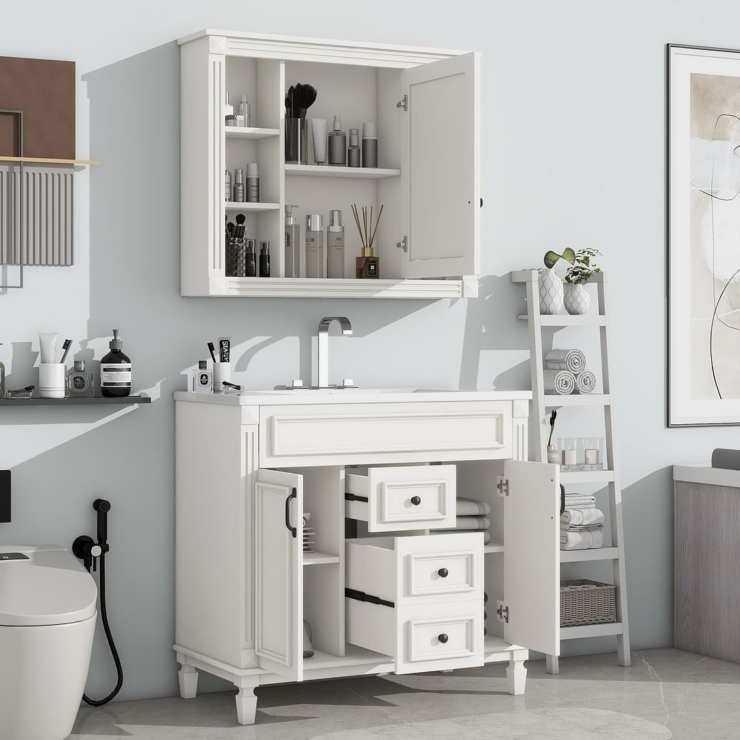 Meuble-lavabo moderne de 91 cm (36 pouces) pour salle de bain avec lavabo intégré et armoire à miroir, 2 portes et 2 tiroirs.