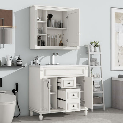Meuble-lavabo moderne de 91 cm (36 pouces) pour salle de bain avec lavabo intégré et armoire à miroir, 2 portes et 2 tiroirs.