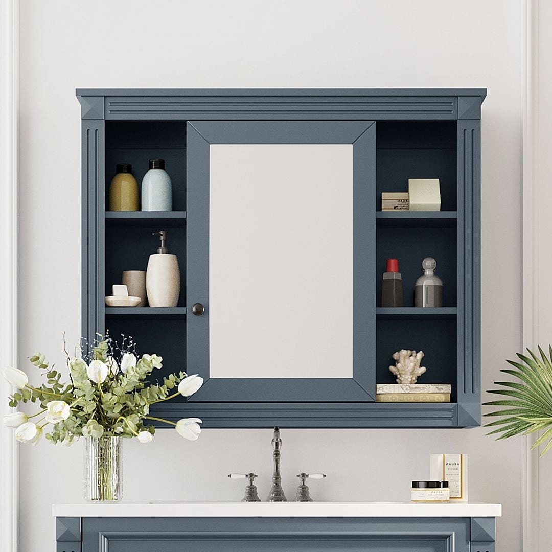 Meuble-lavabo moderne de 91 cm (36 pouces) pour salle de bain avec lavabo intégré et armoire à miroir, 2 portes et 2 tiroirs.