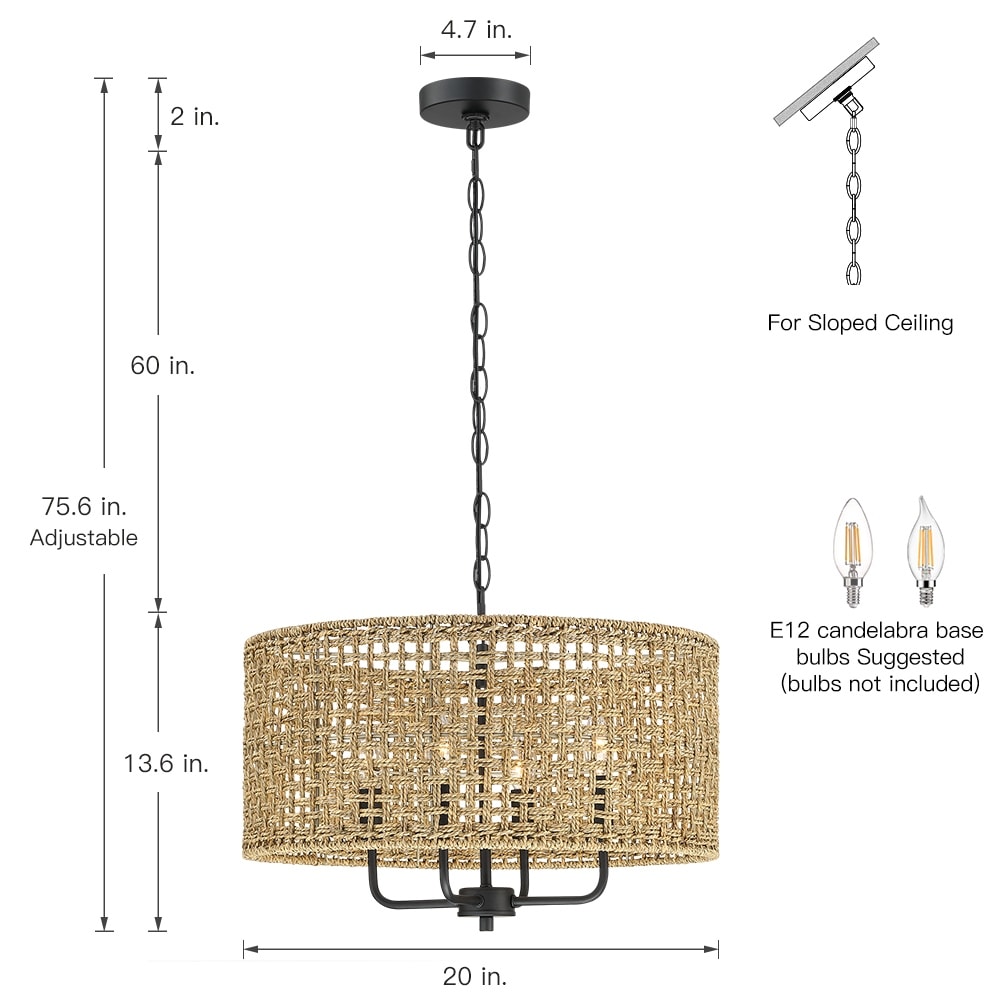 Luminaire suspendu bohémien en forme de tambour, tissé à la main, à 4 lumières - Paille - 50,8 cm de largeur