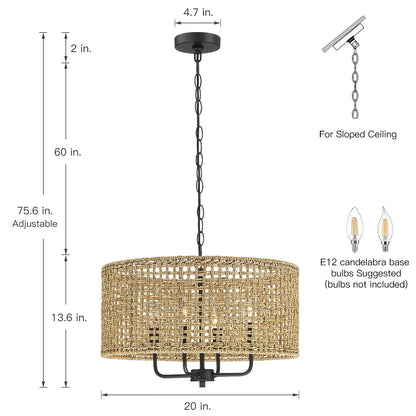 Luminaire suspendu bohémien en forme de tambour, tissé à la main, à 4 lumières - Paille - 50,8 cm de largeur