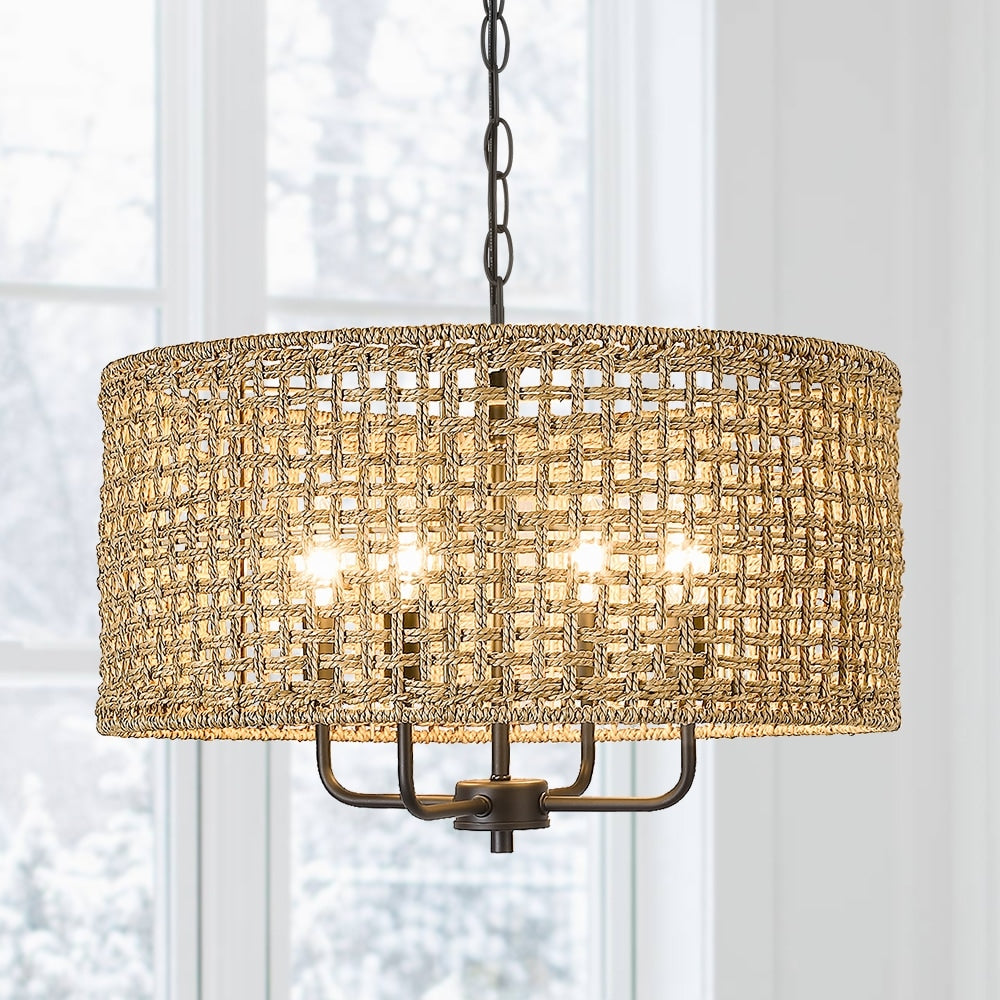 Luminaire suspendu bohémien en forme de tambour, tissé à la main, à 4 lumières - Paille - 50,8 cm de largeur
