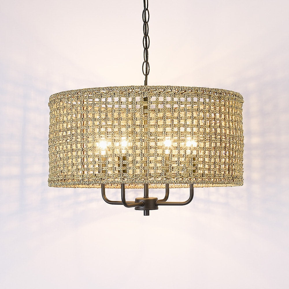Luminaire suspendu bohémien en forme de tambour, tissé à la main, à 4 lumières - Paille - 50,8 cm de largeur
