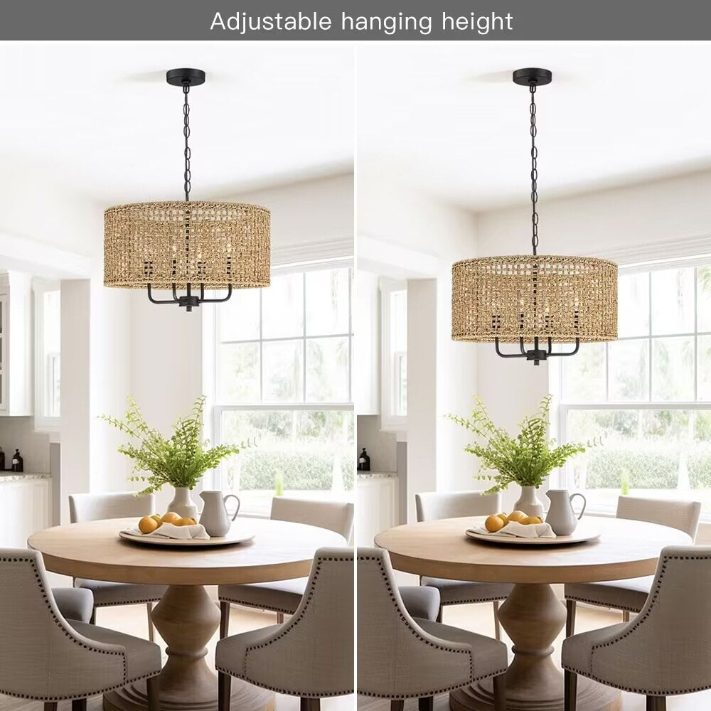 Luminaire suspendu bohémien en forme de tambour, tissé à la main, à 4 lumières - Paille - 50,8 cm de largeur