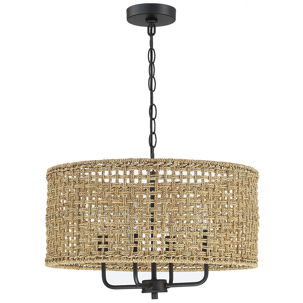 Luminaire suspendu bohémien en forme de tambour, tissé à la main, à 4 lumières - Paille - 50,8 cm de largeur