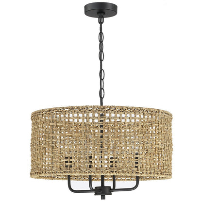 Luminaire suspendu bohémien en forme de tambour, tissé à la main, à 4 lumières - Paille - 50,8 cm de largeur