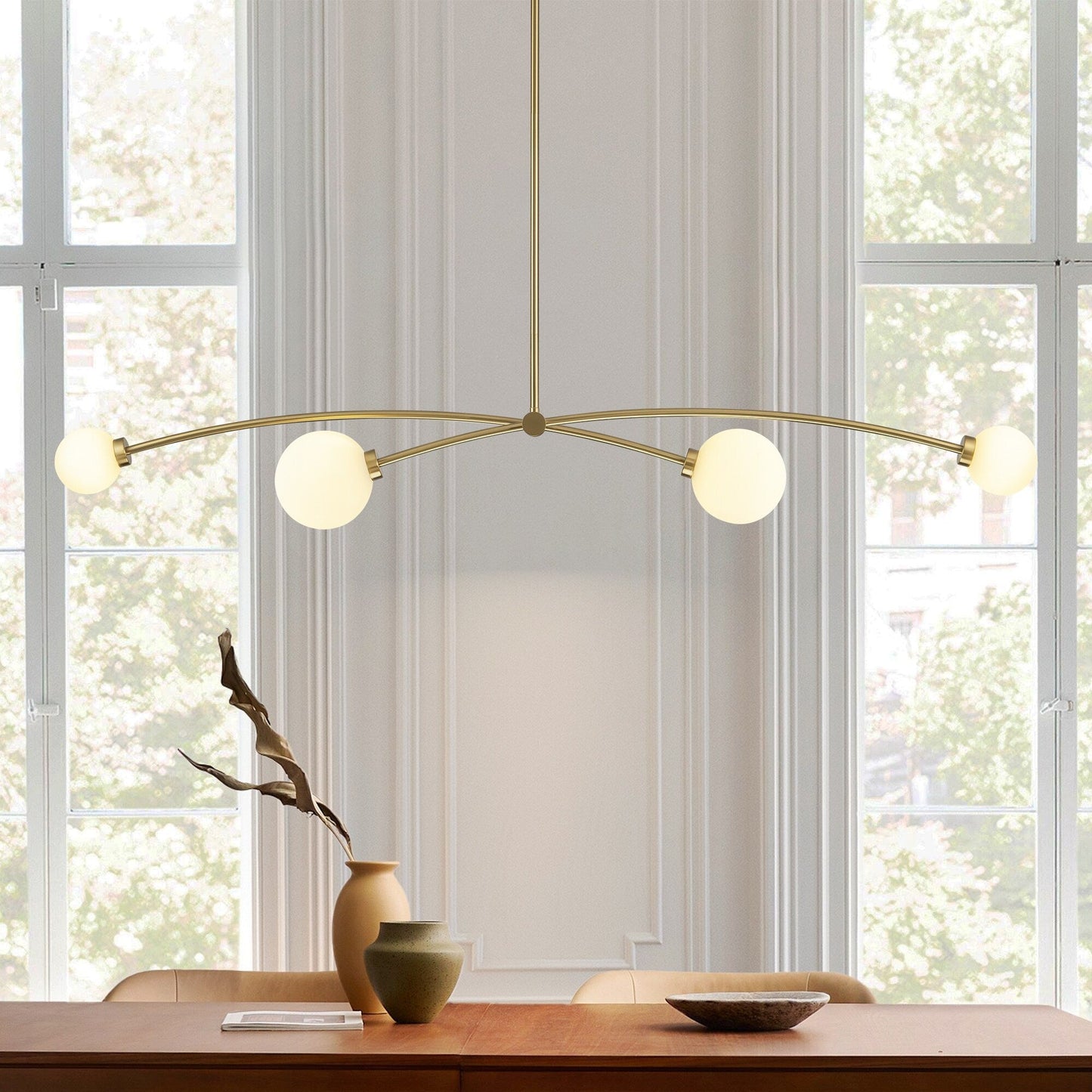 Suspension moderne simple en forme de sputnik à 4 lumières, couleur or, pour îlot de cuisine/salle à manger - 130,5 cm L x 28 cm P x 15 cm H