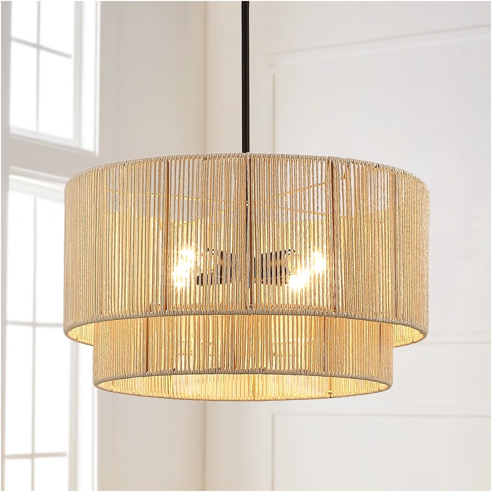 Suspension à 4 lumières en rotin à plusieurs niveaux, avec abat-jour noir - 56 cm de largeur