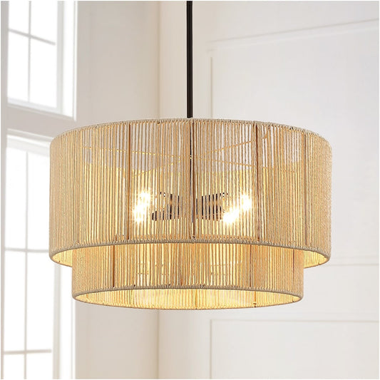 Suspension à 4 lumières en rotin à plusieurs niveaux, avec abat-jour noir - 56 cm de largeur