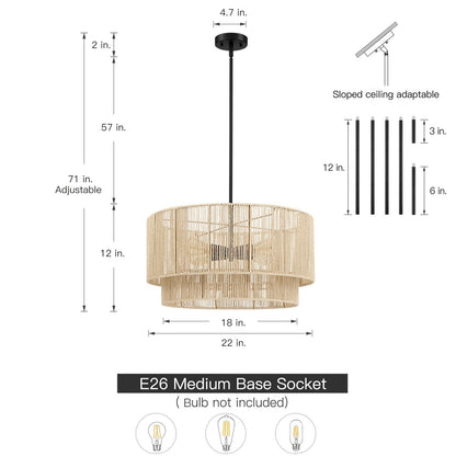 Suspension à 4 lumières en rotin à plusieurs niveaux, avec abat-jour noir - 56 cm de largeur