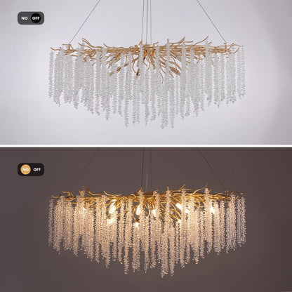 Luminaire rectangulaire moderne en cristal doré de 102 cm (40 po) avec branches d'arbre, idéal pour la salle à manger, la cuisine ou l'îlot central.