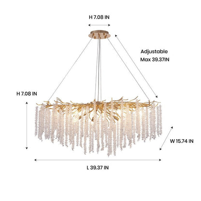 Luminaire rectangulaire moderne en cristal doré de 102 cm (40 po) avec branches d'arbre, idéal pour la salle à manger, la cuisine ou l'îlot central.