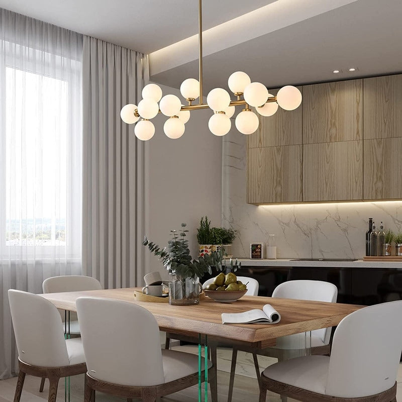 Luminaire suspendu linéaire à 16 lumières, style moderne du milieu du siècle, en laiton doré, avec globe en verre dépoli, 102 cm (40 po) pour salle à manger