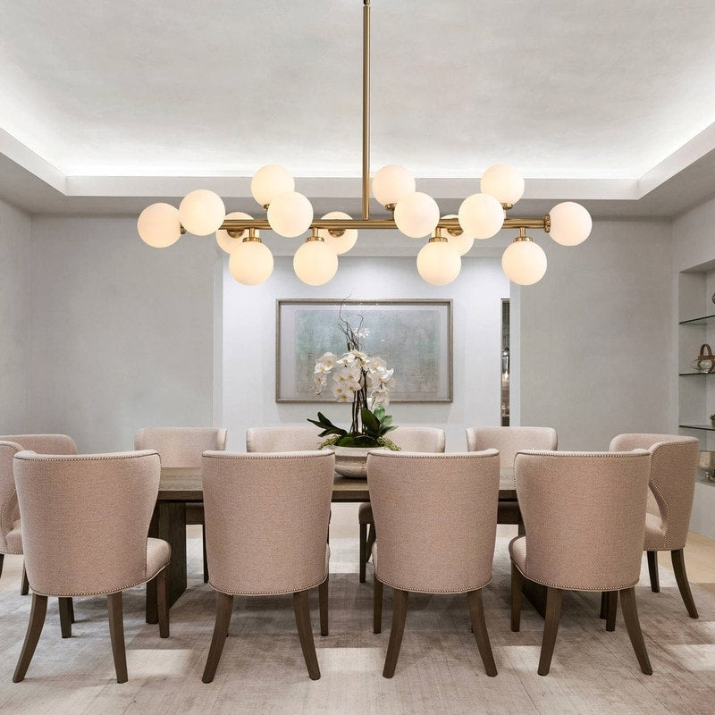 Luminaire suspendu linéaire à 16 lumières, style moderne du milieu du siècle, en laiton doré, avec globe en verre dépoli, 102 cm (40 po) pour salle à manger