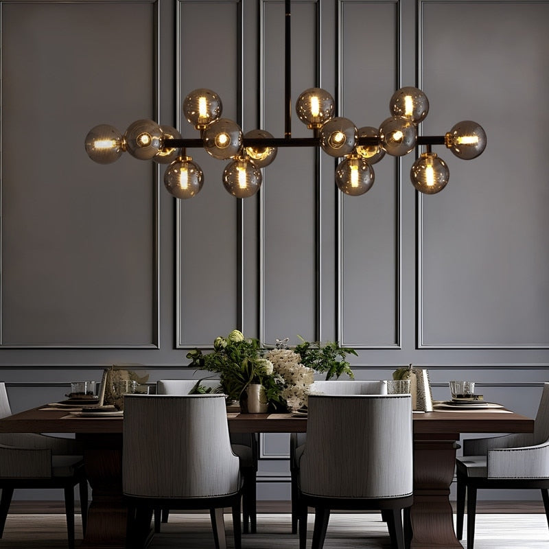 Luminaire suspendu linéaire à 16 lumières, style moderne du milieu du siècle, en laiton doré, avec globe en verre dépoli, 102 cm (40 po) pour salle à manger
