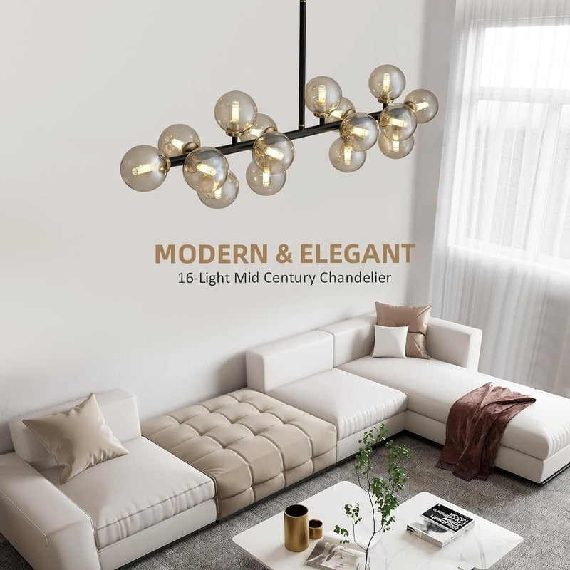 Luminaire suspendu linéaire à 16 lumières, style moderne du milieu du siècle, en laiton doré, avec globe en verre dépoli, 102 cm (40 po) pour salle à manger