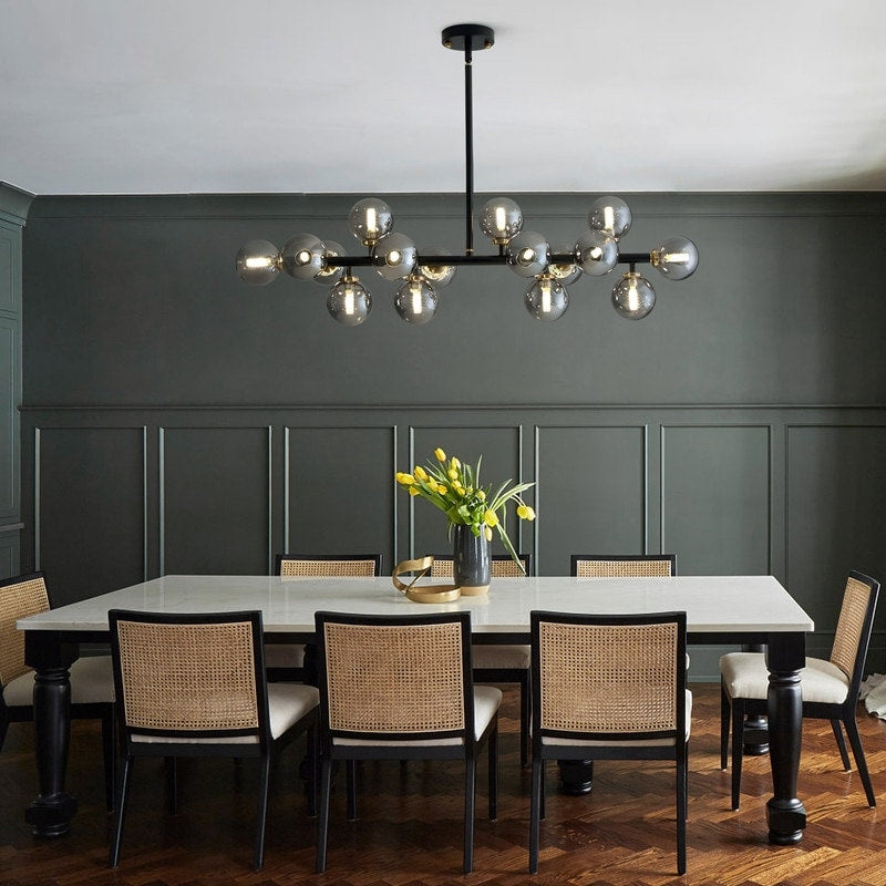 Luminaire suspendu linéaire à 16 lumières, style moderne du milieu du siècle, en laiton doré, avec globe en verre dépoli, 102 cm (40 po) pour salle à manger