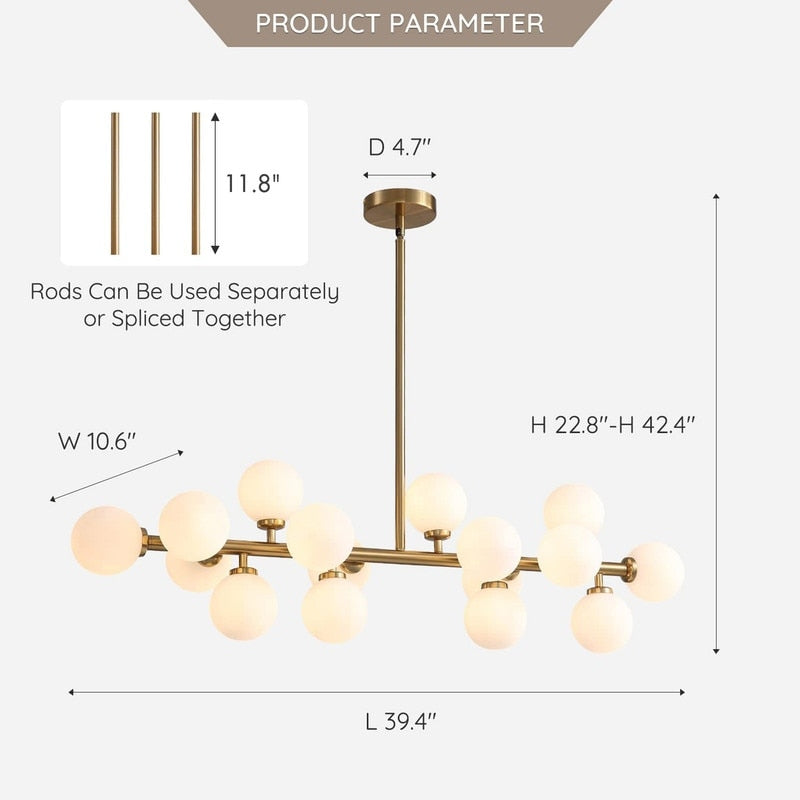 Luminaire suspendu linéaire à 16 lumières, style moderne du milieu du siècle, en laiton doré, avec globe en verre dépoli, 102 cm (40 po) pour salle à manger