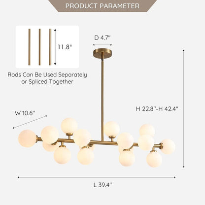 Luminaire suspendu linéaire à 16 lumières, style moderne du milieu du siècle, en laiton doré, avec globe en verre dépoli, 102 cm (40 po) pour salle à manger