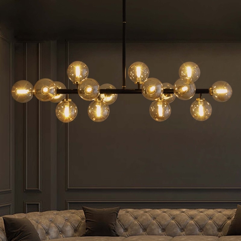 Luminaire suspendu linéaire à 16 lumières, style moderne du milieu du siècle, en laiton doré, avec globe en verre dépoli, 102 cm (40 po) pour salle à manger