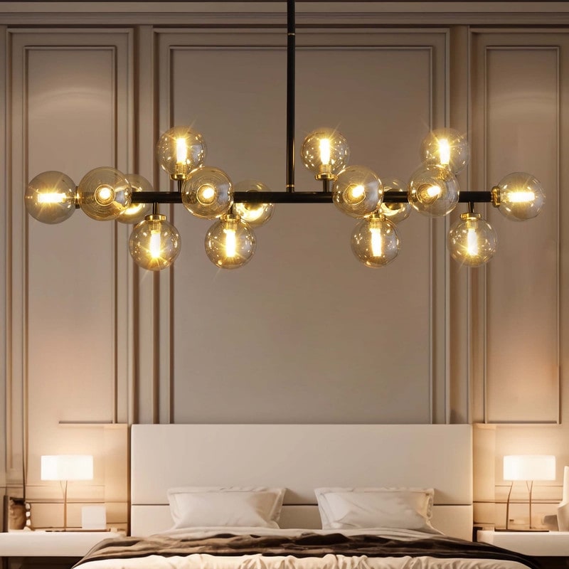 Luminaire suspendu linéaire à 16 lumières, style moderne du milieu du siècle, en laiton doré, avec globe en verre dépoli, 102 cm (40 po) pour salle à manger