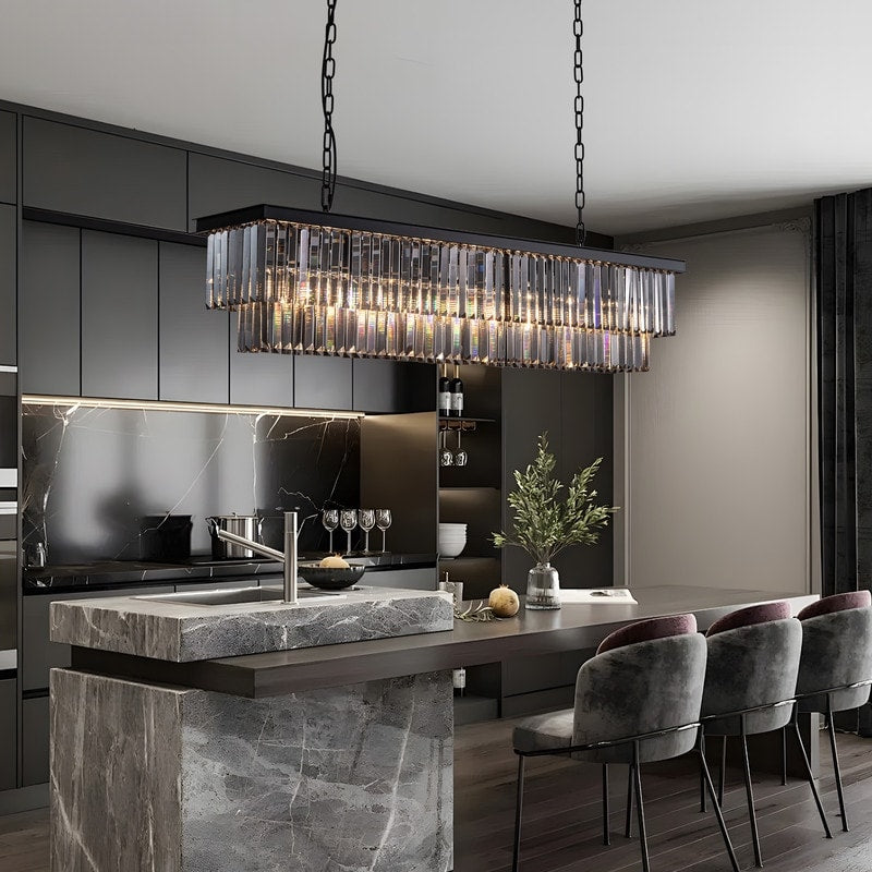 Luminaire suspendu à 2 niveaux pour îlot de cuisine, salle à manger, style moderne et contemporain, en cristal gris fumé et noir, 47 po.