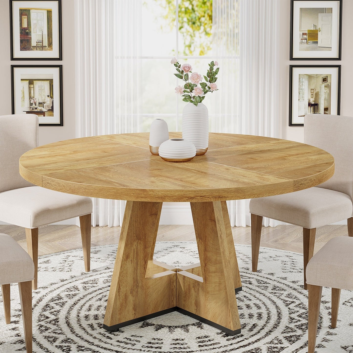 Table de salle à manger ronde de 47 pouces pour 4 personnes, table de cuisine de style farmhouse, petite table de repas en bois pour salle à manger et salon.