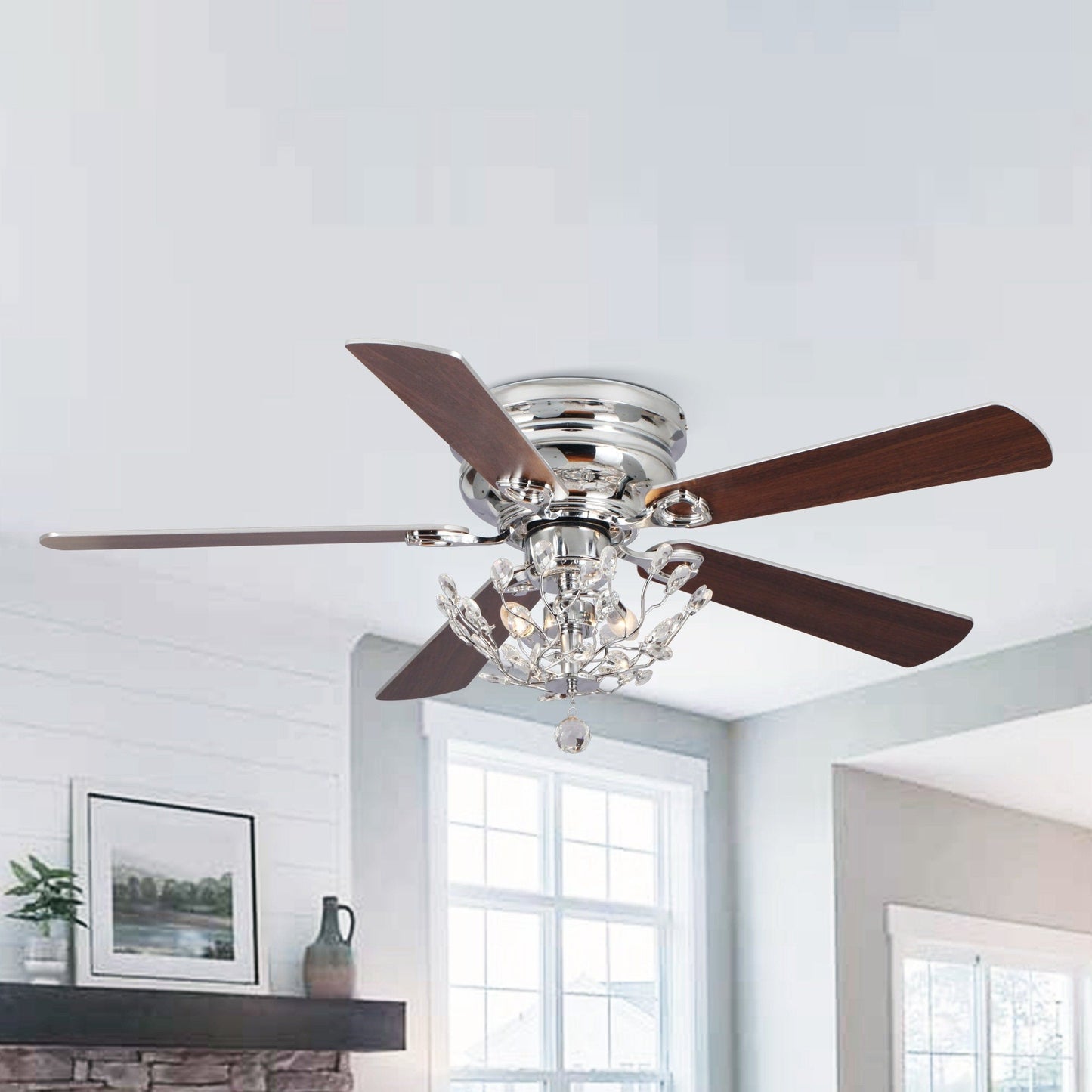 Ventilateur de plafond moderne à 5 pales réversibles, à montage encastré, avec télécommande, 48 pouces, en cristal.