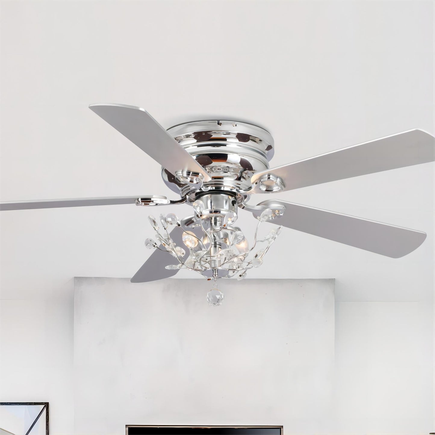 Ventilateur de plafond moderne à 5 pales réversibles, à montage encastré, avec télécommande, 48 pouces, en cristal.