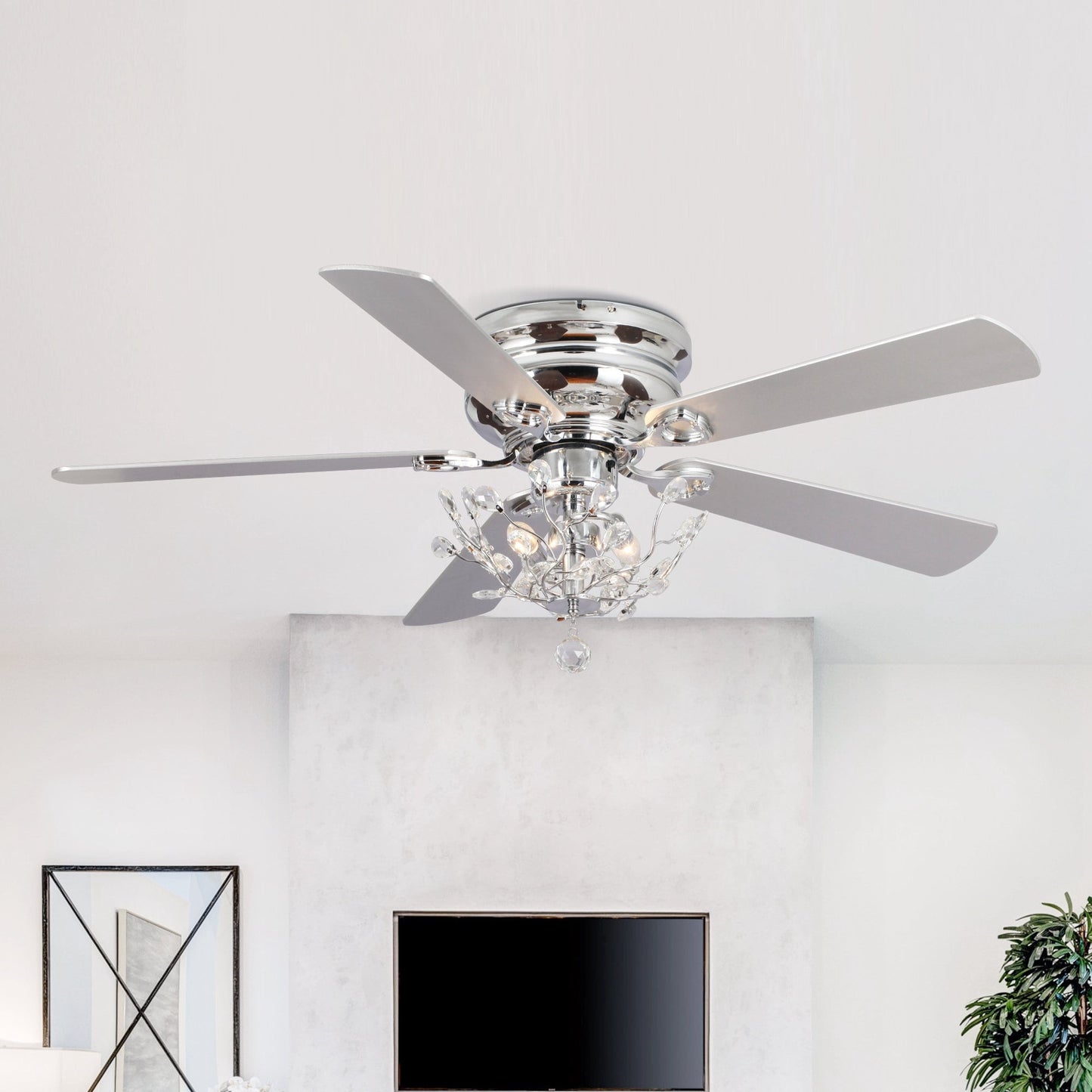 Ventilateur de plafond moderne à 5 pales réversibles, à montage encastré, avec télécommande, 48 pouces, en cristal.