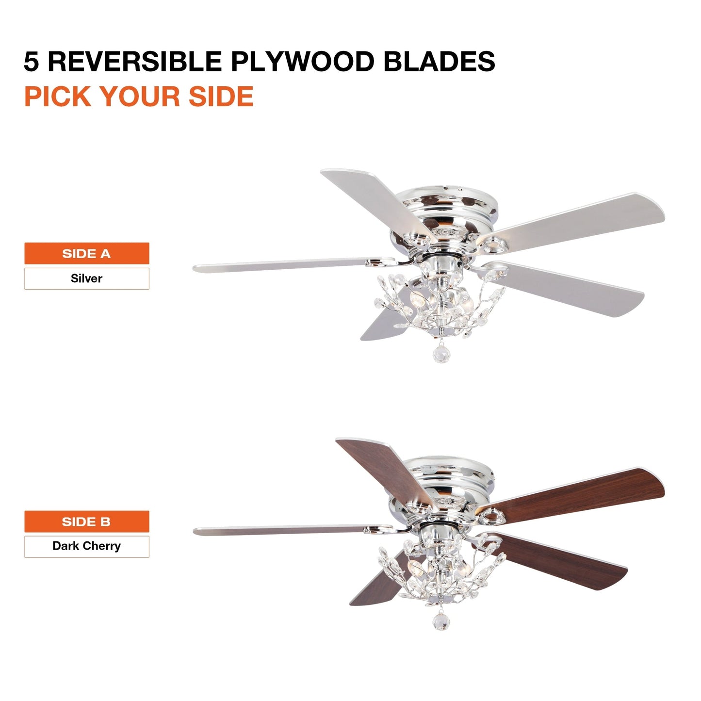 Ventilateur de plafond moderne à 5 pales réversibles, à montage encastré, avec télécommande, 48 pouces, en cristal.