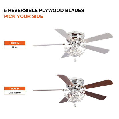 Ventilateur de plafond moderne à 5 pales réversibles, à montage encastré, avec télécommande, 48 pouces, en cristal.