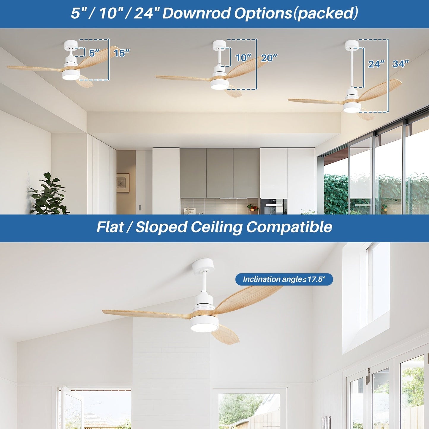 Ventilateur de plafond à LED intégré de 48 et 52 pouces avec lumière et télécommande, moteur à courant continu réversible.