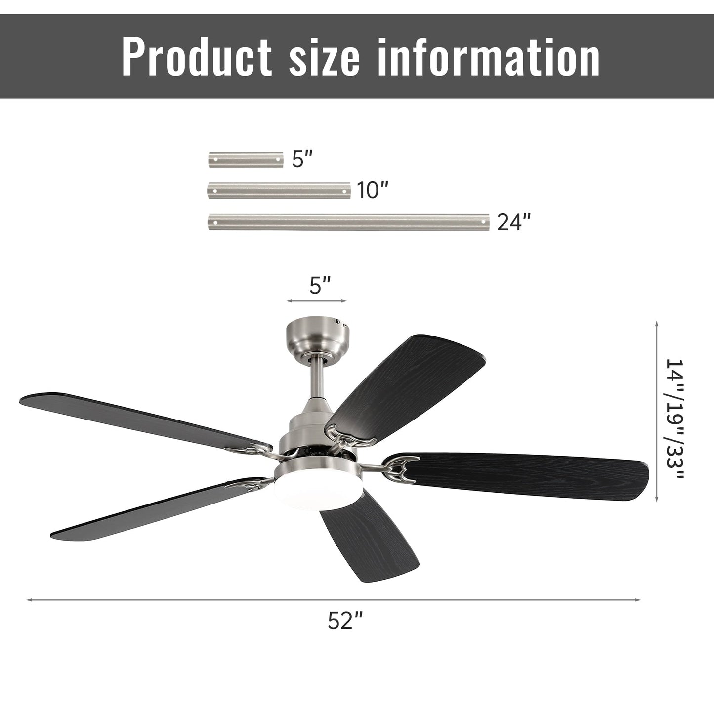 Ventilateur de plafond à LED intégré de 48 et 52 pouces avec lumière et télécommande, moteur à courant continu réversible.