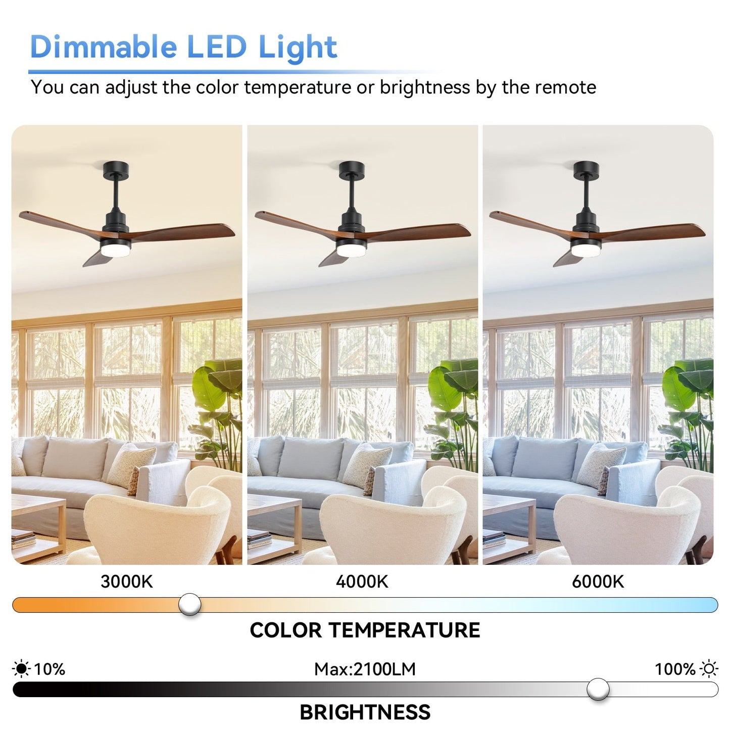 Ventilateur de plafond à LED intégré de 48 et 52 pouces avec lumière et télécommande, moteur à courant continu réversible.